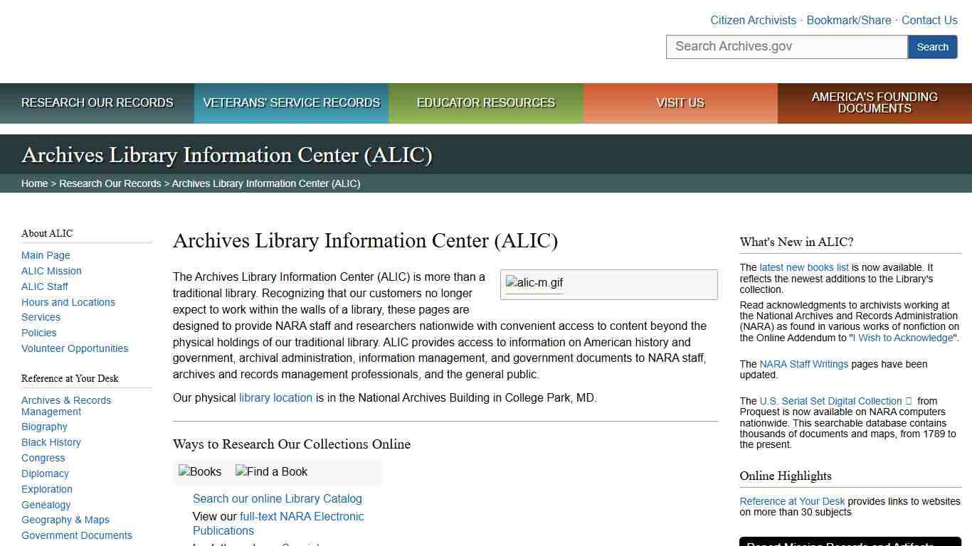 Archives Library Information Center (ALIC) | National Archives